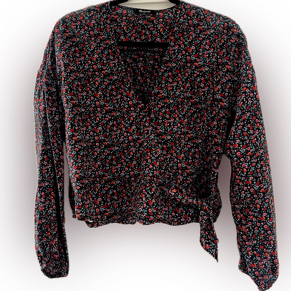 Madewell Black and Red Long Sleeve Wrap Blouse